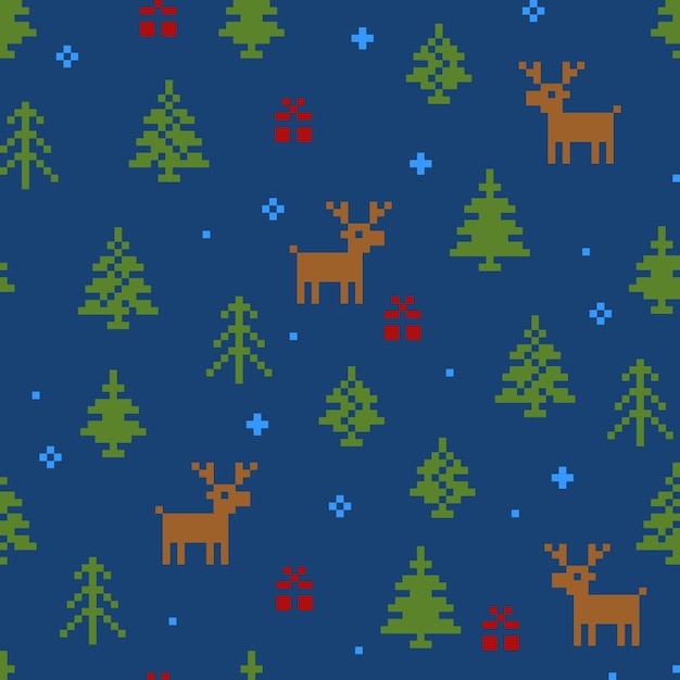 Winter-weihnachtsvektor nahtloses muster im blau. neujahrs-pixelhintergrund mit rentieren, baum, schnee und geschenk. für grußkarten, geschenkpapier, tapeten.