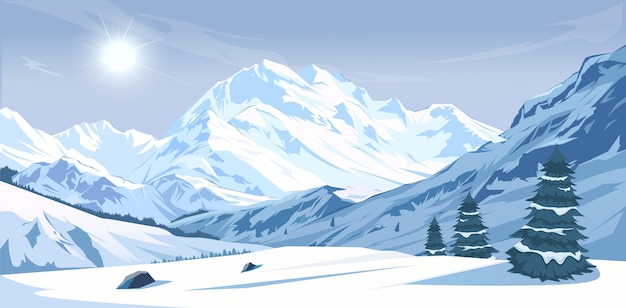 Winterberglandschaft mit Schnee und immergrünen Bäumen Vektorillustration