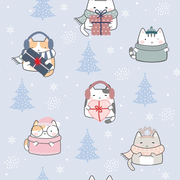 Winterbilder, Seamless, Muster, Kawaii, Niedlich, Katzen, Karikatur, Tiere, Hintergrund, Vektor, Illustration