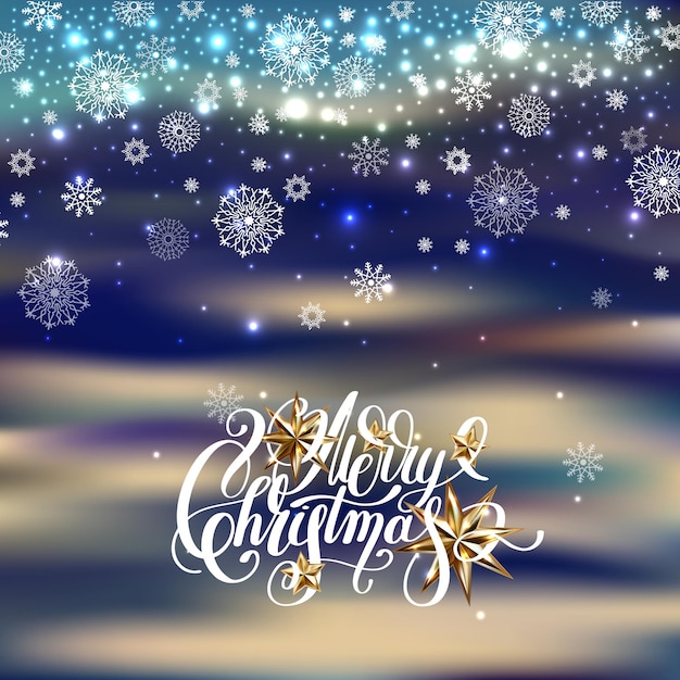 Winterdesign mit goldenen sternen der weihnachtsbeleuchtung und handgeschriebener beschriftung frohe weihnachten
