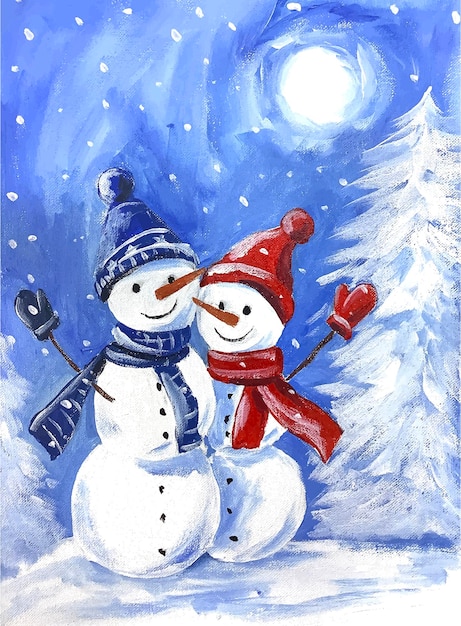 Winterkinder-Illustration Schneemann mit Hüten, Handschuhen und Schal
