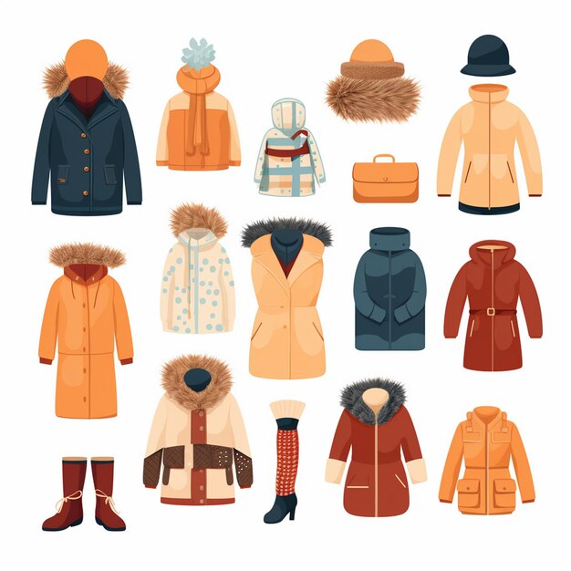 Vektor winterkleidung modestil herbstkleidung isolierte mädchen pullover schal warme kleidung jacke