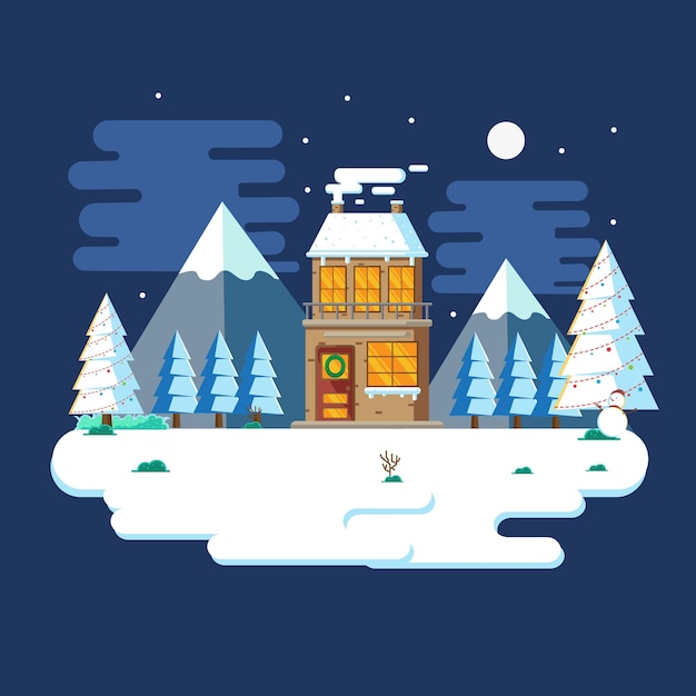 Winterlandschaft in der nacht mit flacher designillustration