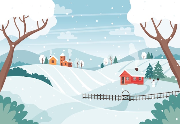 Winterlandschaft mit bäumen, feldern, häusern. saisonale landschaftslandschaft. vektorillustration im flachen stil