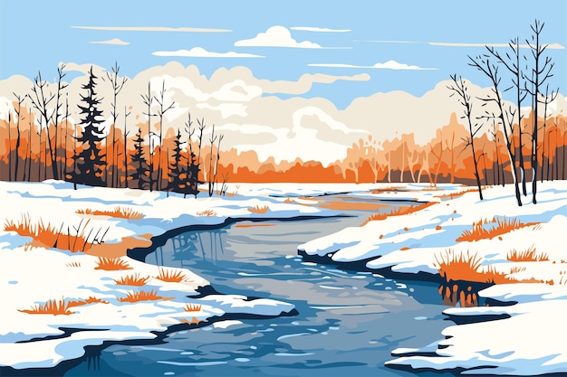 Vektor winterlandschaft mit fluss und wald vektorillustration im flachen stil