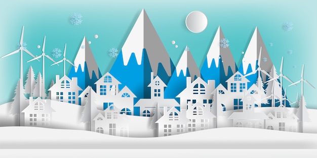 Winterlandschaft mit Gebäuden im Papierschnitt