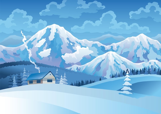 Vektor winterlandschaft mit haus, schneebedeckten kiefern im vordergrund und berggipfeln, hügeln, wolken am himmel im hintergrund. vektorgrafik eines schneebedeckten feldes, auf dem das haus steht