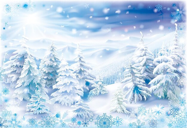 Winterlandschaft mit Schneeflockenrahmen