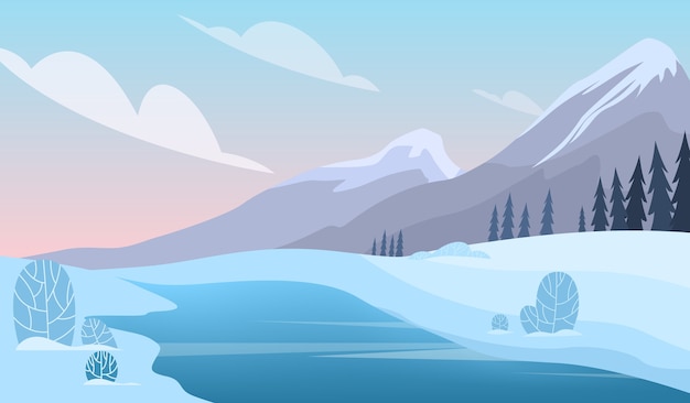 Winterlandschaft. schnee auf dem baum, weiße und blaue farbsaison. schönheit in der natur, dezember landschaft. illustration im cartoon-stil