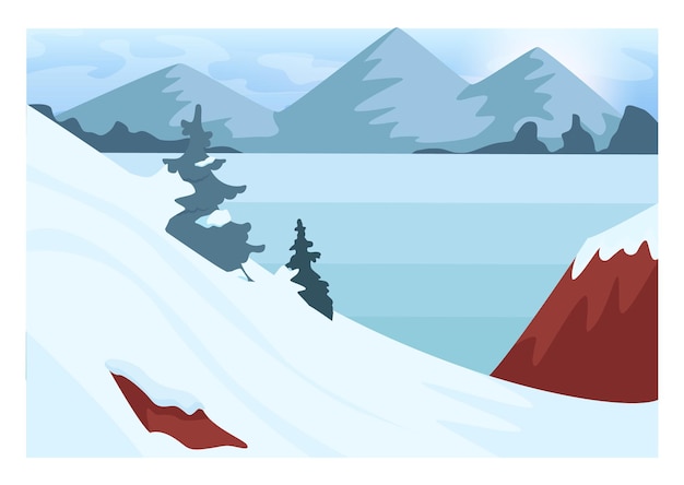 Vektor winterlandschaft. skifahren und snowboarden auf wilden naturpfaden. verschneite hügel