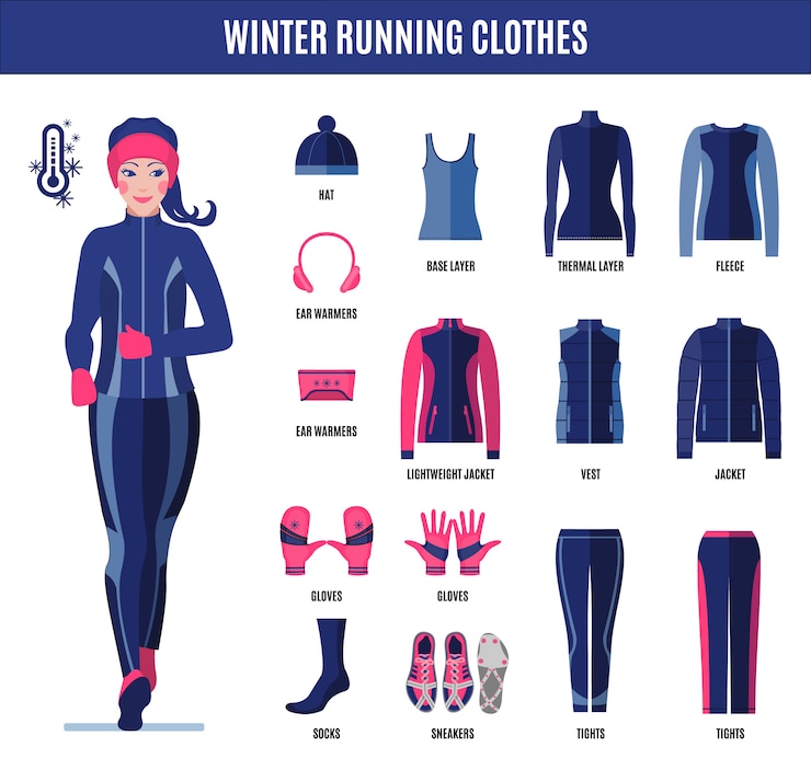 Vektor winterlaufkleidung für frauen im flachen stil.