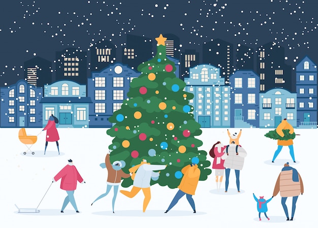 Winternacht und leute um weihnachtsbaum im weihnachten, sylvesterabendillustration