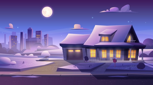 Vektor winternachtlandschaft eines landhauses in einem modernen cartoon-stil mondlicht über einem vorort-cottage