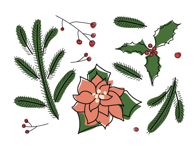 Vektor winterpflanzenset. vektor handgezeichneter winter freihändige lineare elemente mit blättern, tannen, tannenzweigen