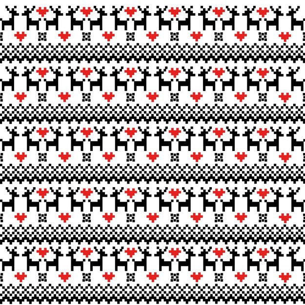 Winterpullovermuster mit hirschen, schneeflocken und roten herzen