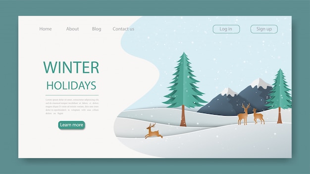 Wintersaison-landing page, weihnachtsfeiertag mit rotwildfamilie im wald für websiteschablone