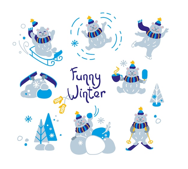 Winterspaß Eisbär glücklich im Winter Kinderillustration