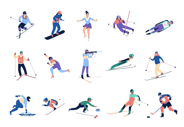 Wintersport, schlittschuhlaufen, skifahrer und snowboarder, sportler, berge, skispringen und freestyle-bob, curling, eishockey, olympische spiele, menschen in verschiedenen aktiven posen, vektor-cartoon-isoliertes set