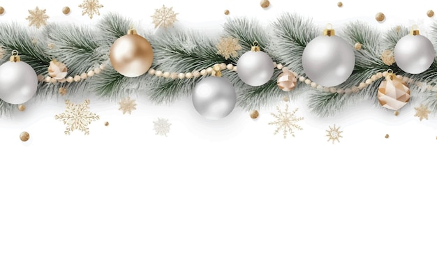 Vektor winterurlaub-hintergrund grenze mit weihnachtsbaumzweigen und ornamenten isoliert auf weiß tanne