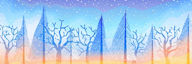 Vektor winterurlaub illustration bäume und schneefall panorama