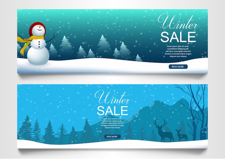 Vektor winterverkaufsbanner mit schneemann und dorf
