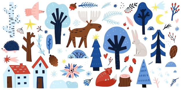 Winterwaldtiere schneebedeckte bäume mit elchfuchshasen und igelblauen zweigen und zapfen gemütliche häuser schöne wilde natur handgezeichnete neujahrs- und weihnachtsset vektor cartoon flache illustration