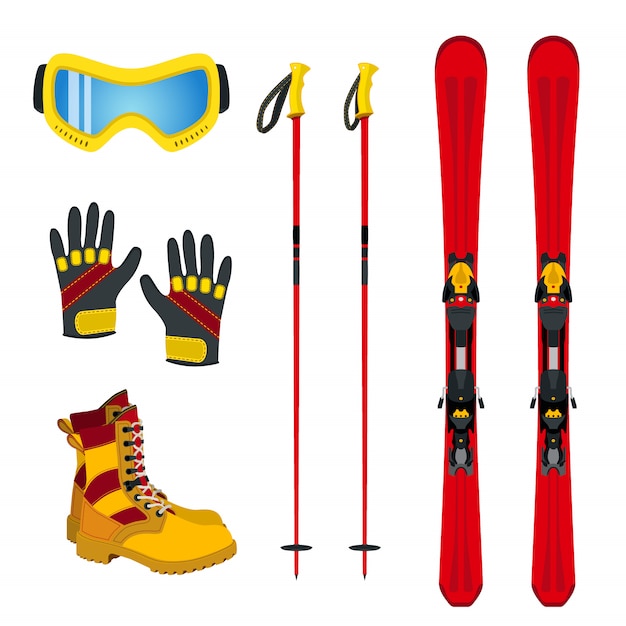 Vektor winterzubehör für extremsportarten - ski, handschuhe, stiefel