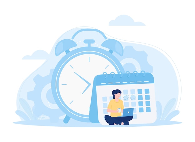 Winzige Frauen, die Terminmanagement mit Kalender und großer, trendiger Konzept-flacher Illustration betreiben