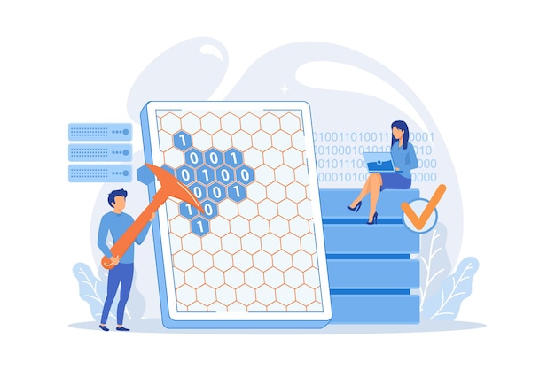 Winzige Leute Wissenschaftler am Tablet mit Pickaxe Mining Data Mining Data Warehouse Sourcing Illustration