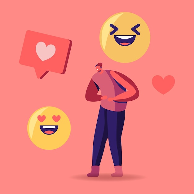 Vektor winzige männliche figur in teenie-kleidung, die mit riesigen emoji-lächeln und herz-social-media-symbolen lacht. cartoon-illustration