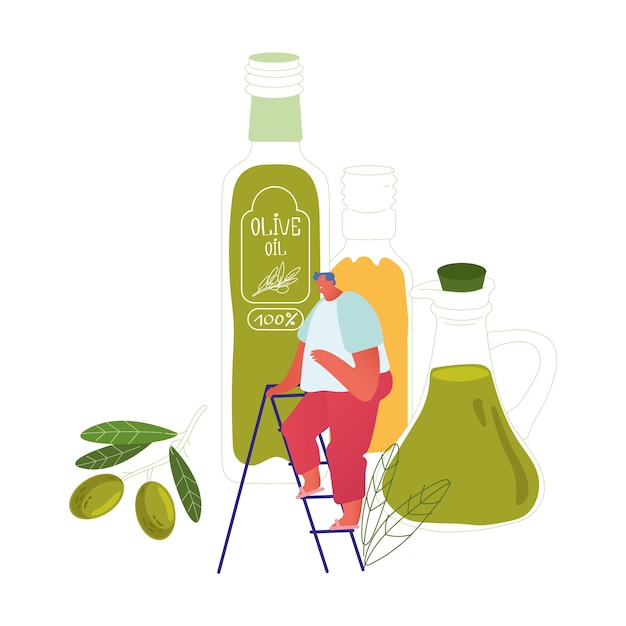 Winzige männliche figur stehen auf der leiter bei riesigen glasflaschen mit nativem olivenöl extra und zweig mit grünen frischen oliven