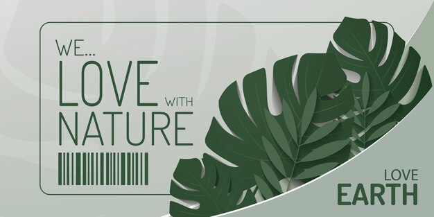 Vektor wir lieben mit naturbanner design monstera blätter auf grünem wandhintergrund