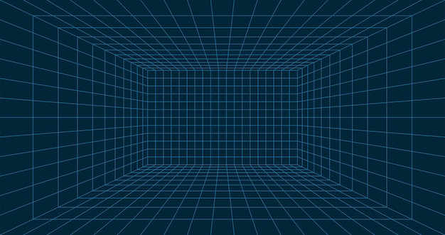 Wireframe-Raum auf blauem Hintergrund. Perspektivisches Raster