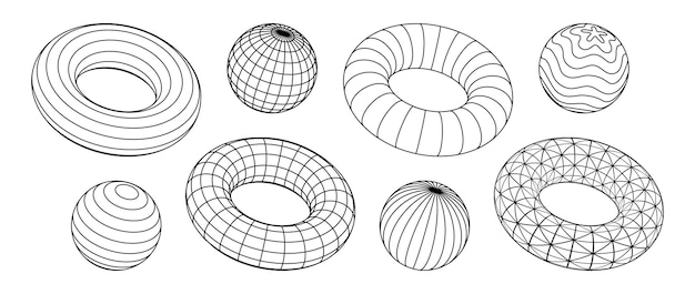 Wireframe-Torus- und Kugelkollektion 3D-Umrissgitterformen mit verschiedenen Mustern Schwarz