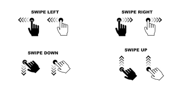 Vektor wischen sie von links nach rechts nach unten und oben. berühren sie den zeigefinger auf dem telefon. bildlaufsymbol. ziehen sie den finger auf dem bildschirm