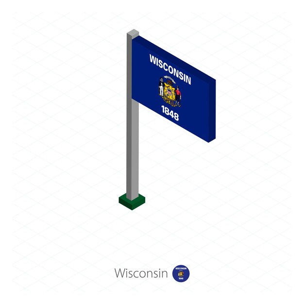 Wisconsin us-staatsflagge am fahnenmast in isometrischer dimension isometrischer blauer hintergrund vektorillustration