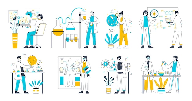 Wissenschaft Biologie Labor Chemiker Wissenschaftler Charaktere erforschen Arbeitsvektorsymbole Illustrationssatz