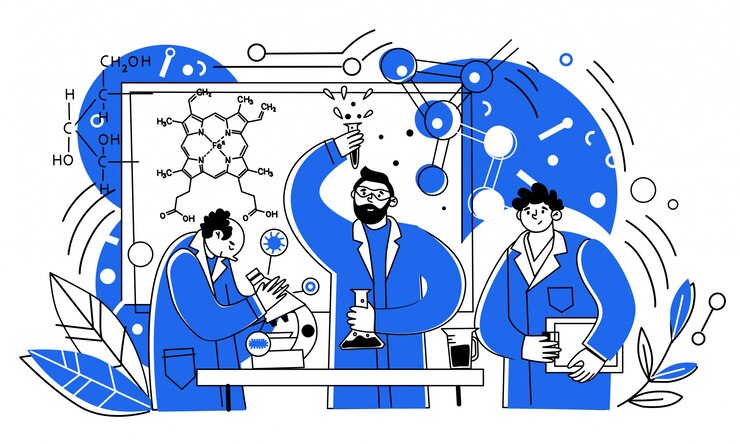 Wissenschaftler arbeiten im Labor. Menschen in medizinischen Mänteln, chemische Experten mit Laborgeräten. Vektorzeichen männlicher medizinischer Forscher.