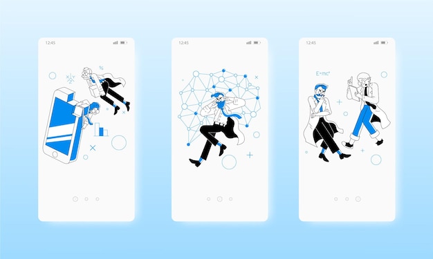 Wissenschaftler der wissenschaftsforschung, die im team mobile app arbeiten, zeigen vektor-website-banner-vorlage ui web an