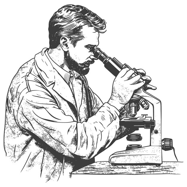 Wissenschaftler, die durch das Mikroskop schauen, mit gravierendem Stil
