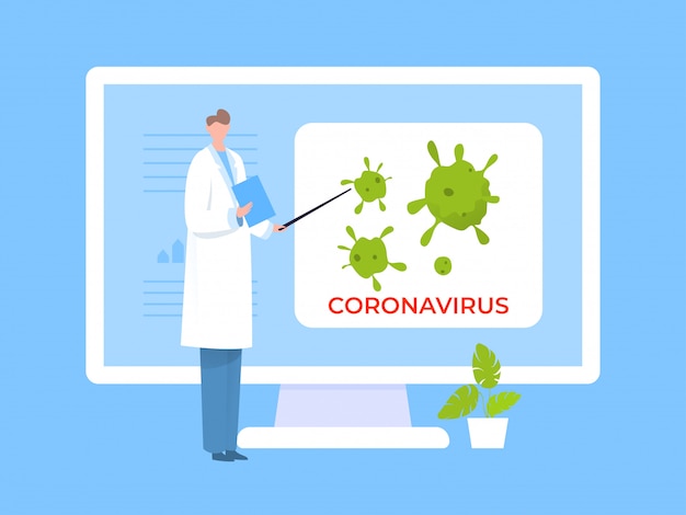 Wissenschaftler erklärt über Coronavirus, Konzeptillustration. Mann im medizinischen Mantel zeigt auf dem Bildschirm globale Krankheitsmikroben.