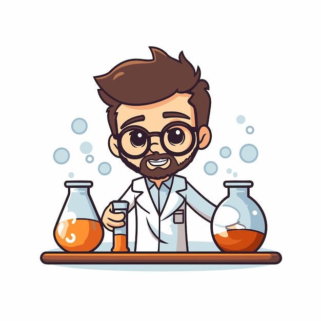 Vektor wissenschaftler mit reagenzröhren und flasche cartoon vektor-illustration grafikdesign