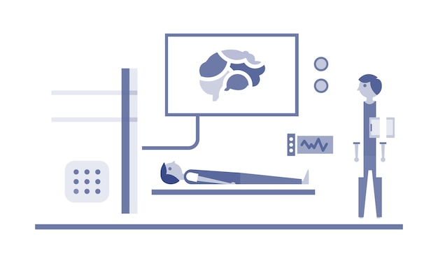 Vektor wissenschaftler-neurobiologen erforschen das menschliche gehirn beim laborarzt und betrachten die ergebnisse des gehirnscans des patienten. vektor-illustration-webdesign