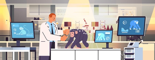Wissenschaftler oder Tierärzte, die Experimente im Labor mit experimenteller Forschung zur biologischen Gentechnik von Affen durchführen