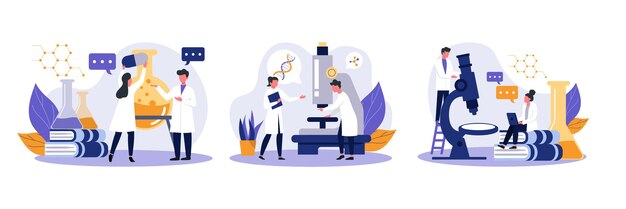 Wissenschaftler stehen in der Nähe von Probenröhren und fügen Reagenzien hinzu Laborarbeiter untersuchen die DNA-Struktur mit dem Mikroskop Analyse und Prüfung im Labor Flache Vektorillustration in blauer und gelber Farbe