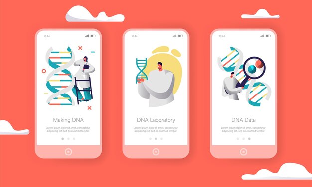 Wissenschaftlergruppe erforschen genompaar im onboard-screen-set der mobilen dna-zell-app-seite.