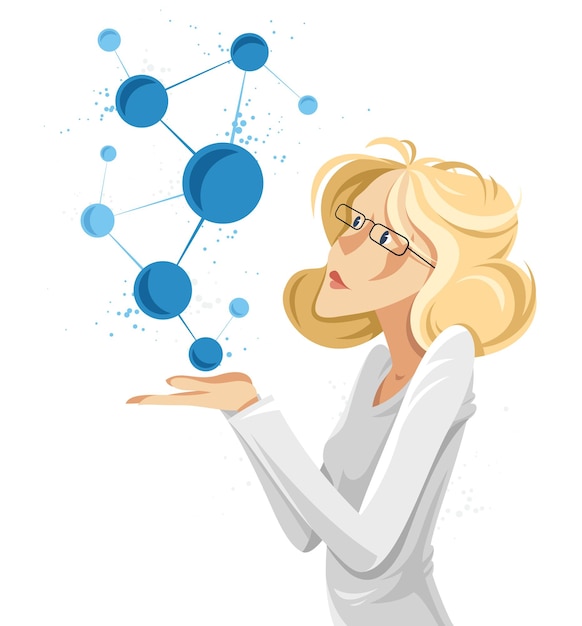 Wissenschaftlerin, die Mikroelemente wie Moleküle oder Atome entdeckt, vektorkonzeptionelle Illustration, neurowissenschaftliche Allegorie, Laborforschung.