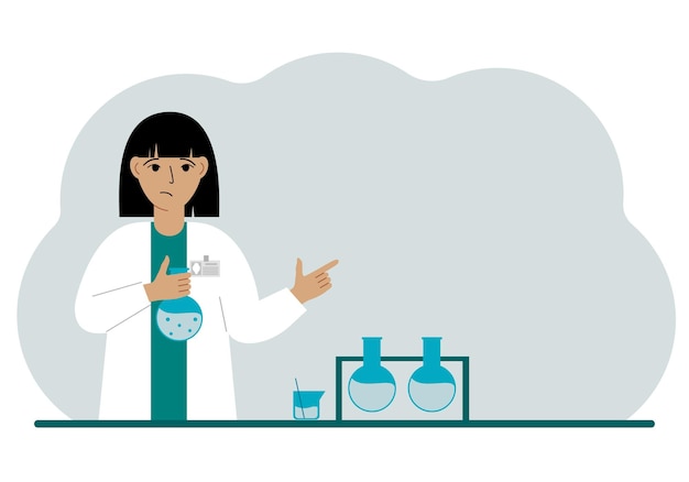 Wissenschaftlerin mit Kolben Experimentelle Wissenschaftlerin Laborassistentin Biochemie chemische wissenschaftliche Forschung Flache Vektorgrafik für Bannerwerbung oder Web