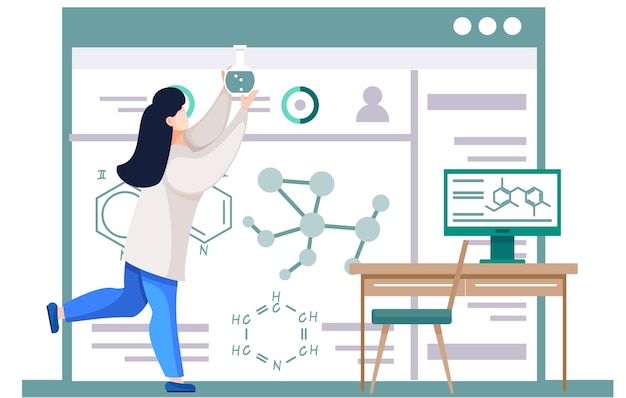 Vektor wissenschaftliche forschung chemische laborexperimente mädchen im laborkittel hält einen kolben mit einer unbekannten flüssigkeit in der hand und arbeitet mit reagenzien und substanzen in gefäßen. chemieplakat im hintergrund