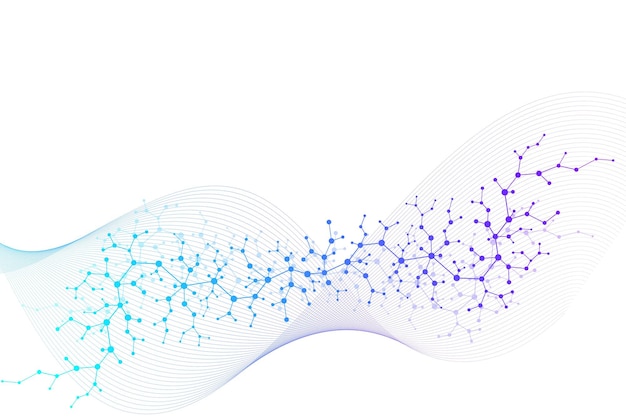 Wissenschaftlicher Molekülhintergrund für Medizin, Wissenschaft, Technologie, Chemie. Tapete oder Banner mit DNA-Molekülen. Geometrische dynamische Vektorillustration.